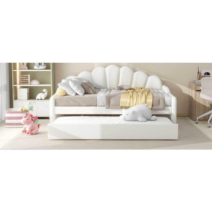 Full Size Upholstery Daybed Frame with Shall Shaped Backrest and Trundle,Beige