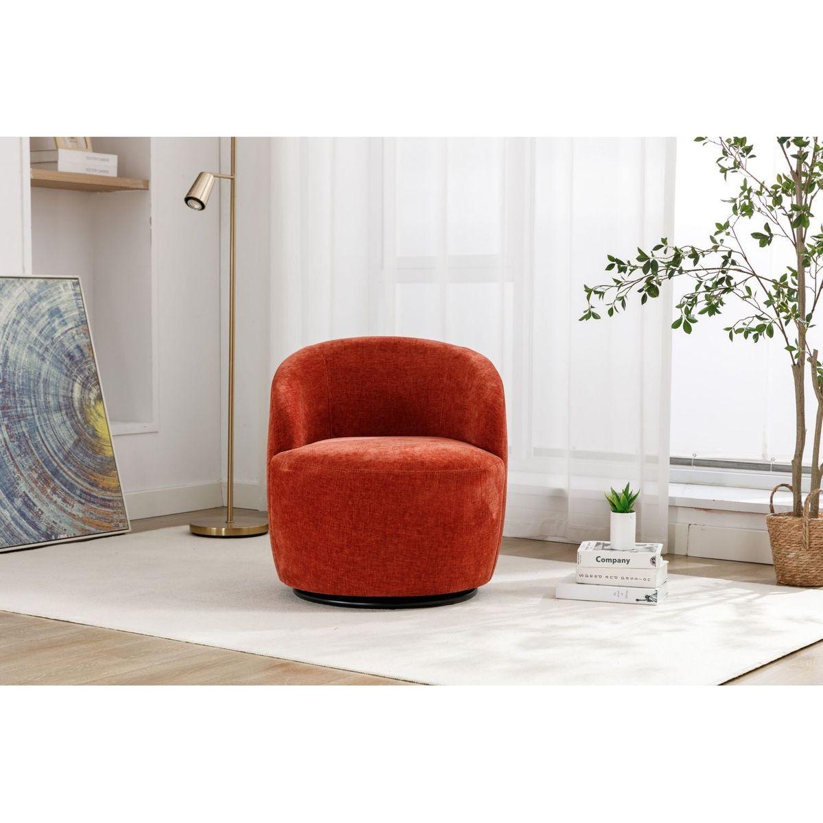 Chenille Fabric Swivel Accent Armchair Barrel Chair With Black Powder Coating Metal Ring,Orange