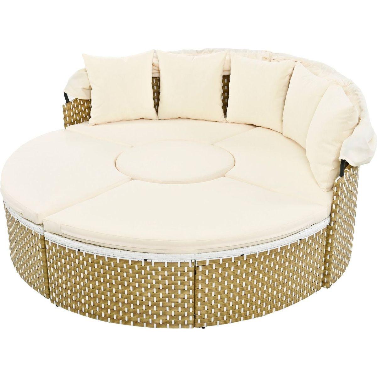 Patio Furniture Round Outdoor Sectional Sofa Set Rattan Daybed Two-Tone Weave Sunbed with Retractable Canopy, Separate Seating and Removable Cushion, Beige