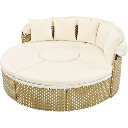 Patio Furniture Round Outdoor Sectional Sofa Set Rattan Daybed Two-Tone Weave Sunbed with Retractable Canopy, Separate Seating and Removable Cushion, Beige