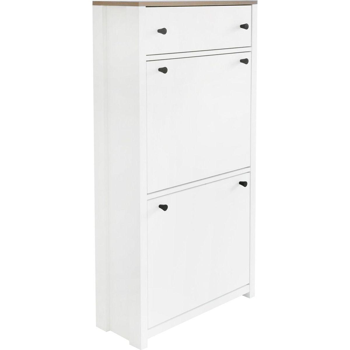 Slim Shoe Cabinet Set with 4 Flip Drawers, Wood Grain Pattern Top Shoe Storage Solution with Adjustable Panel, Modern Style Shoe Rack with Drawers for Hallway, White