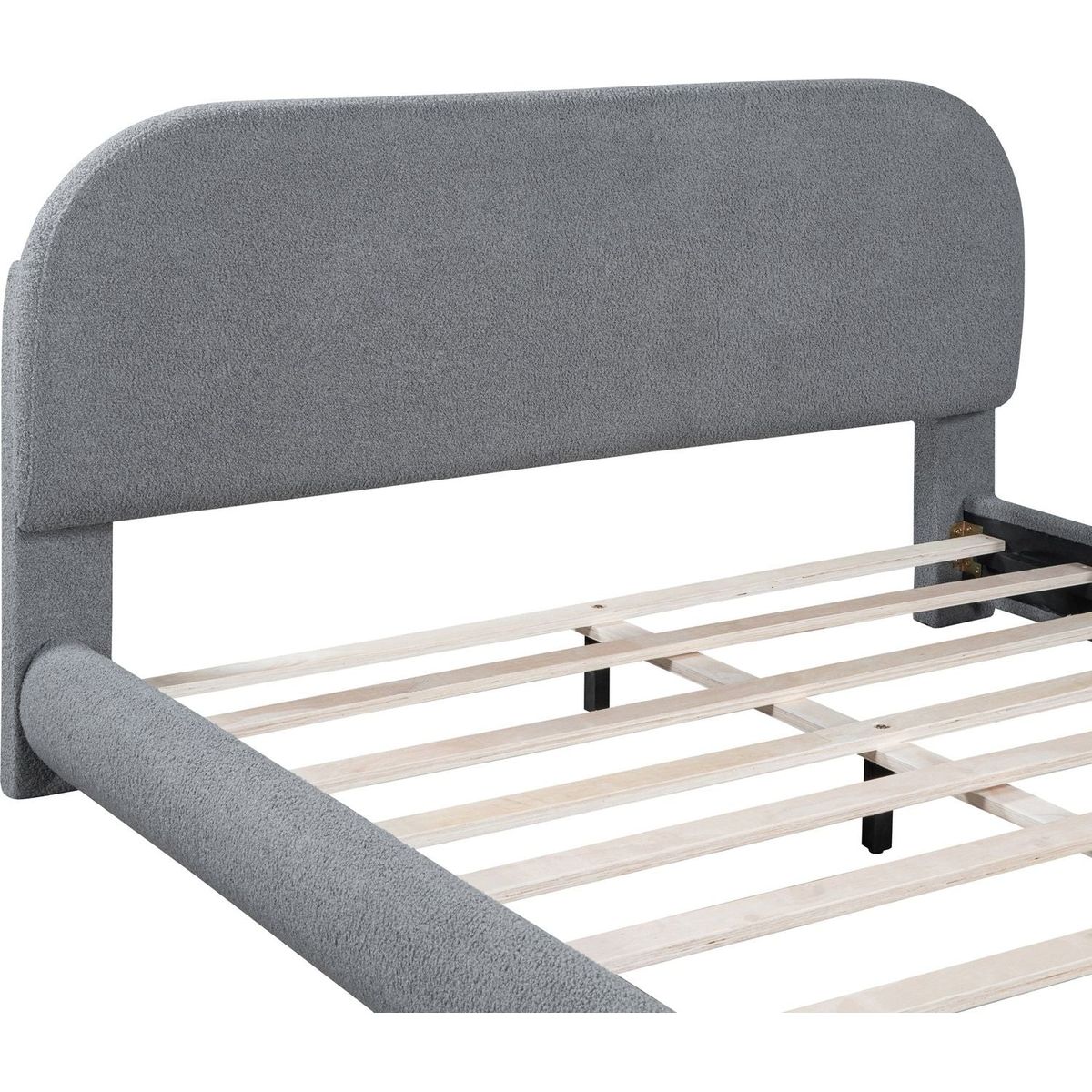 Teddy Fleece Queen Size Upholstered Platform Bed with Thick Fabric, Solid Frame and Stylish Curve-shaped Design, Gray