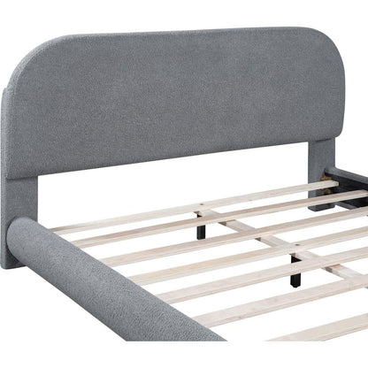 Teddy Fleece Queen Size Upholstered Platform Bed with Thick Fabric, Solid Frame and Stylish Curve-shaped Design, Gray