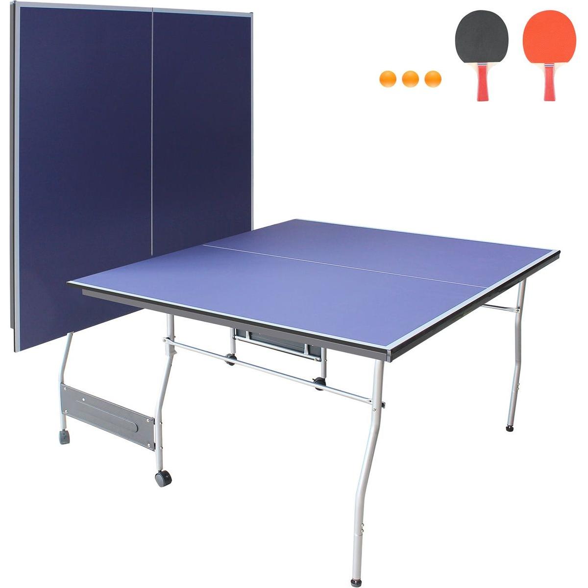 8ft Mid-Size Table Tennis Table Foldable & Portable Ping Pong Table Set for Indoor & Outdoor Games with Net, 2 Table Tennis Paddles and 3 Balls