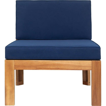 Outdoor Backyard Patio Wood 5-Piece Sectional Sofa Seating Group Set with Cushions, Natural Finish+ Blue Cushions