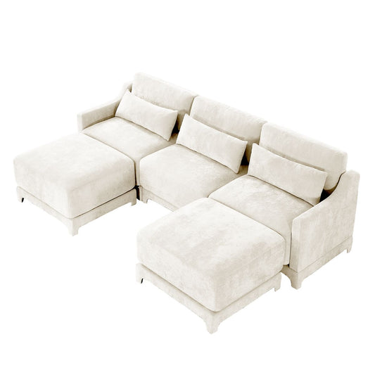 Elegant Three-Seater Sofa with Movable Ottomans and Lumbar Pillow, Chenille Fabric, Beige