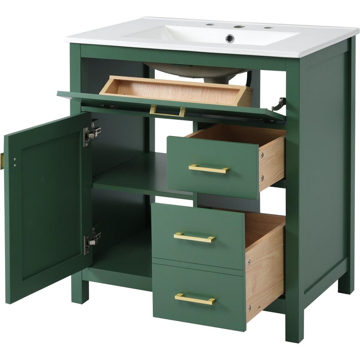 30-Inch Green Bathroom Vanity with Ceramic Sink and Ample Storage - Ideal Choice for Small Bathrooms