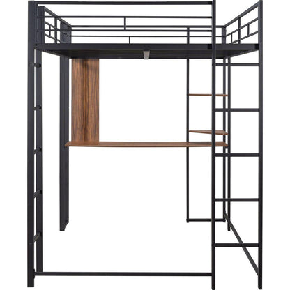 Full Size Metal Loft Bed with 2 Shelves and one Desk, Black