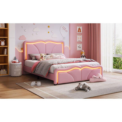 Full Size Upholstered Platform Bed with Curve Shaped and Height-adjustbale Headboard,LED Light Strips,Pink