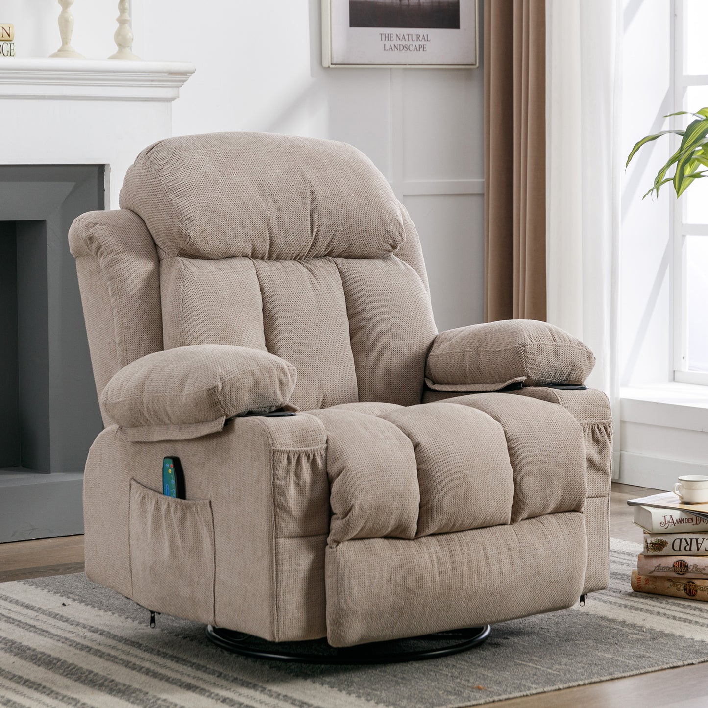 Swinging recliner massage heated sofa, with USB and 2 cup holders in side pockets, PackageA and B (Beige fabric)