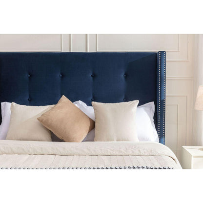 Upholstered King Bed / 54" High Headboard / Traditional Hand Buttoned Tufting / Nailhead Trim Wingback / No Box Spring Needed / Easy Assembly / Blue Velvet