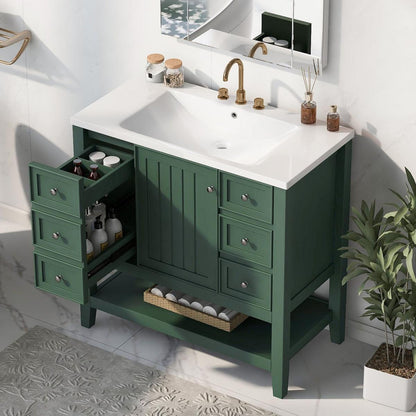 36" Bathroom Vanity with Sink Combo, One Cabinet and Three Drawers, Solid Wood and MDF Board, Green