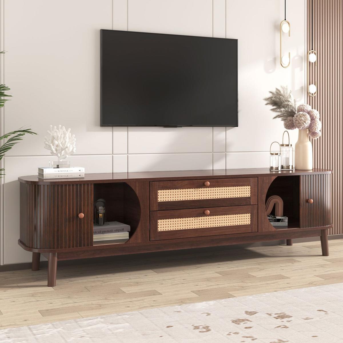 Rattan TV Stand for TVs up to 75", Modern Farmhouse Media Console, Entertainment Center with Solid Wood Legs, TV Cabinet for Living Room,Home Theatre