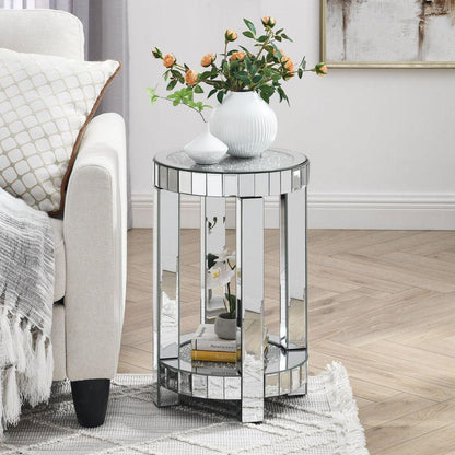 Mirror round table with crystal inlay, 2-layer modern small sofa table with storage space, silver decorative table suitable for living room, bedroom, coffee and small spaces