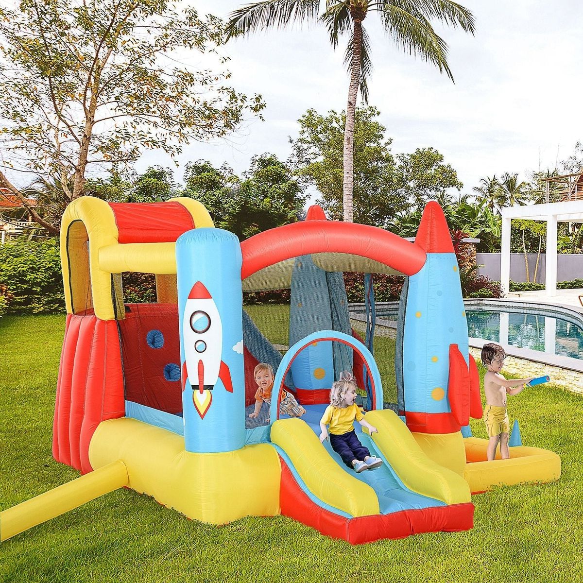 Kids Inflatable Water Slide, 4-in-1 Bounce House Jumping Castle with 2 Slides, Climbing Wall, Trampoline, & Water Pool Area, Air Blower