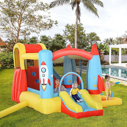 Kids Inflatable Water Slide, 4-in-1 Bounce House Jumping Castle with 2 Slides, Climbing Wall, Trampoline, & Water Pool Area, Air Blower