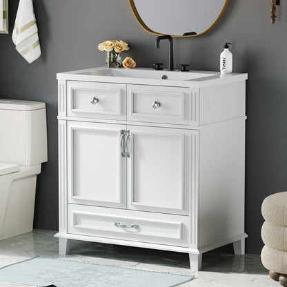 30" Bathroom Vanity with Resin Sink, Solid Wood Frame Bathroom Storage Cabinet with Soft Closing Doors, Retro Style, White