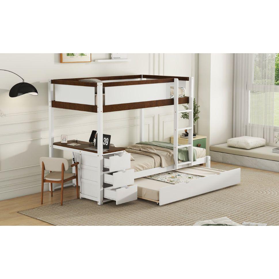 Twin-Over-Twin Bunk Bed with Twin size Trundle, Storage and Desk, White+Walnut