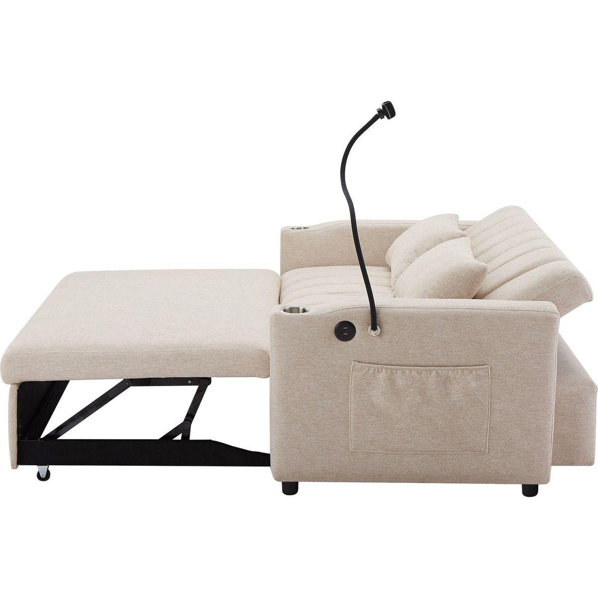 55.9" Convertible Sofa Bed Loveseat Sofa with Three USB Ports, Two Side Pockets, Two Cup Holders and 360Swivel Phone Holder for Living Room, Beige