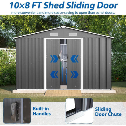 10X8 FT Outdoor Storage Shed, Metal Foundation & Lockable Doors, Tool Shed for Garden, Patio, Backyard, Lawn, Grey - Streamdale Furniture