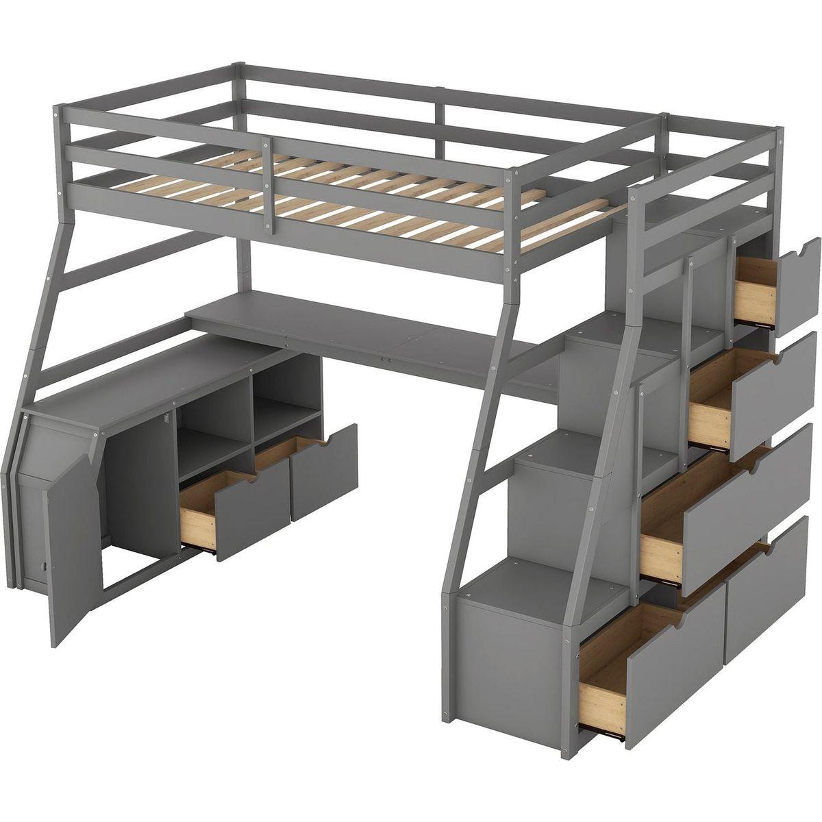 Twin Size Loft Bed with 7 Drawers 2 Shelves and Desk - Gray