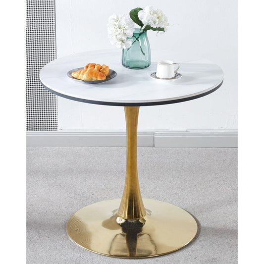 31.5"GOLDEN AND WHITE Tulip Table Mid-century Dining Table for 2-4 people With Round Mdf Table Top, Pedestal Dining Table, End Table Leisure Coffee Table,ceramic and MDF top - Streamdale Furniture