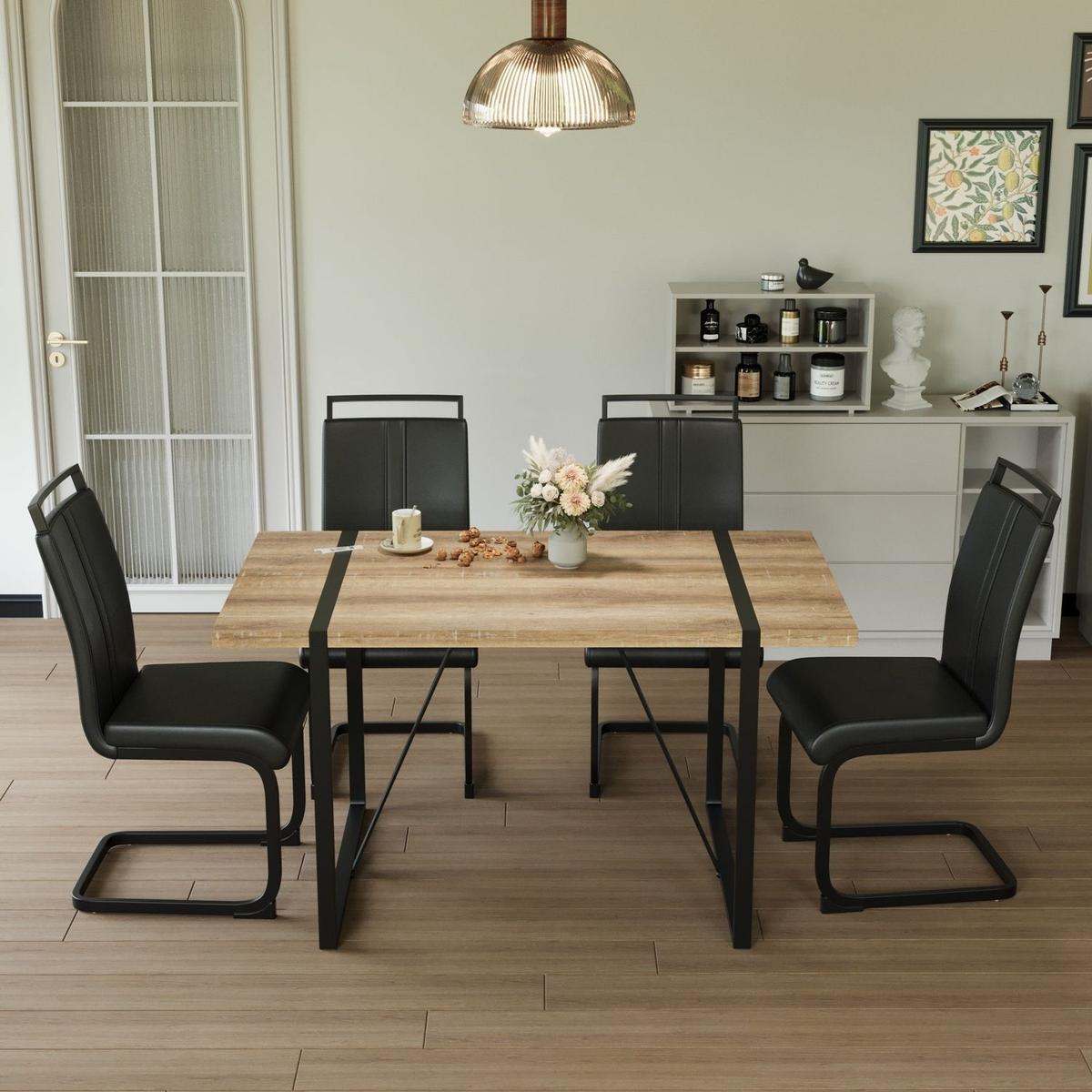 55 " dining table modern rural industrial rectangular MDF wood set and PU armless dining chair set 4,kitchen black metal table legs dining table and chair set,