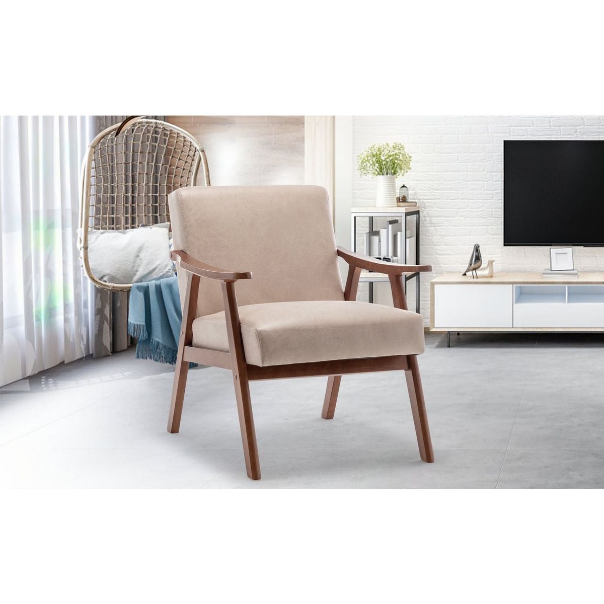Mid-Century Modern Chair, Living Room Chair with Solid Wood Frame, Accent Chair Extra-Thick Backrest, Wingback Chair for Bedroom, Reading Room, Living Room, Lounge Chair Indoor