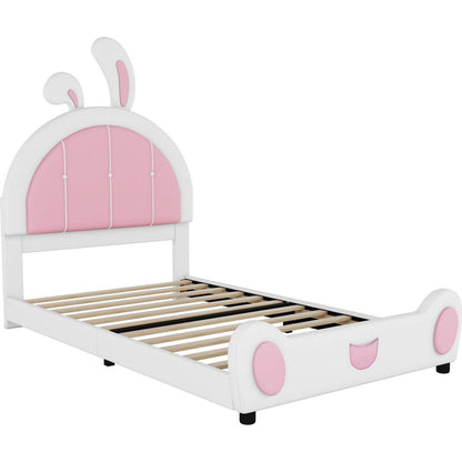 Twin Size Upholstered Platform Bed with Rabbit Shaped Headboard, White