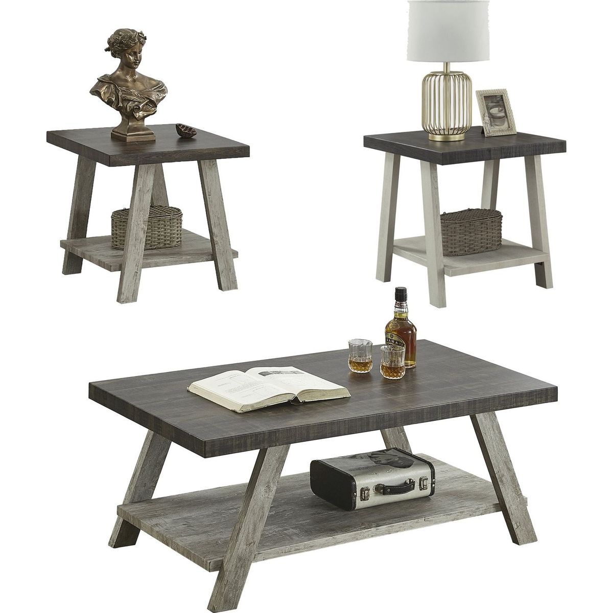 Athens Contemporary 3-Piece Wood Shelf Coffee Table Set in Weathered Walnut and Gray