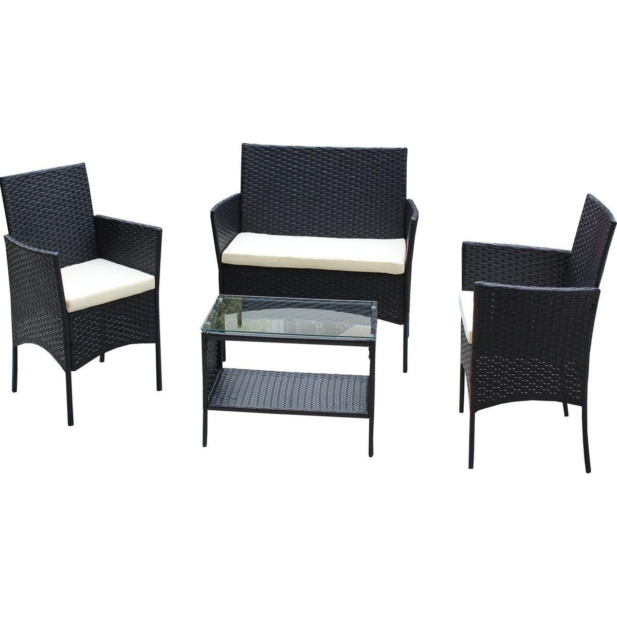 4 PC Rattan Patio Furniture Set Outdoor Patio Cushioned Seat Wicker Sofa (Beige Cushion)