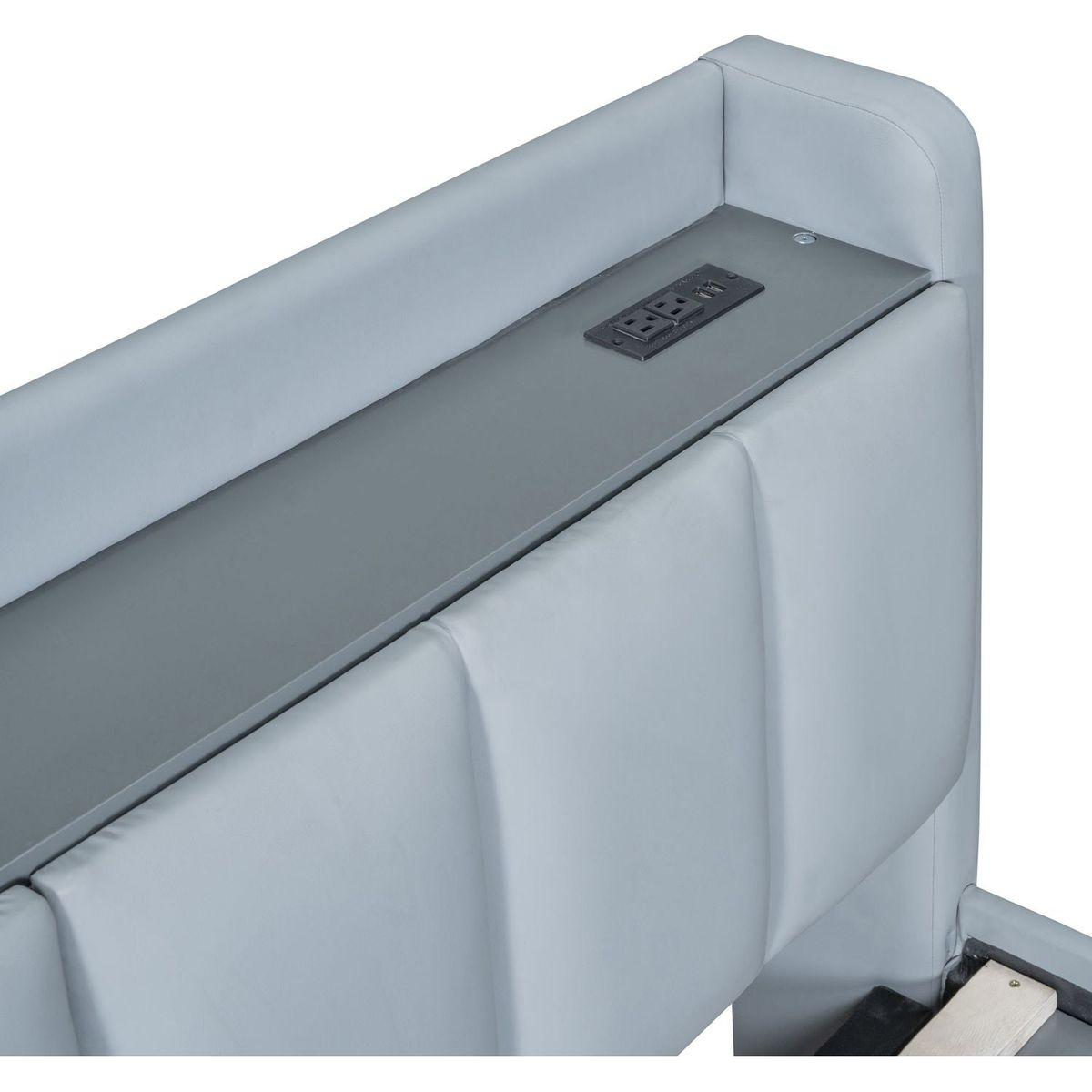 Queen Size & Twin XL Size Upholstered Platform Bed, Mother & Child Bed with Hydraulic Storage System, Drawer Box, Bedhead storage shelf and Two pairs of sockets & USB Ports, PU Leather, Gray