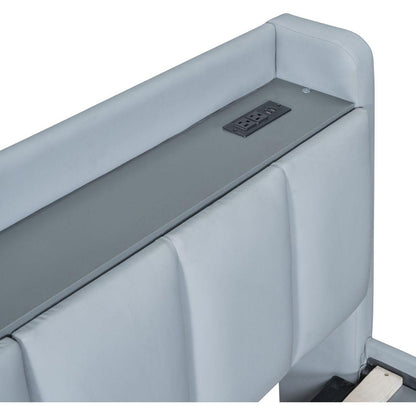 Queen Size & Twin XL Size Upholstered Platform Bed, Mother & Child Bed with Hydraulic Storage System, Drawer Box, Bedhead storage shelf and Two pairs of sockets & USB Ports, PU Leather, Gray