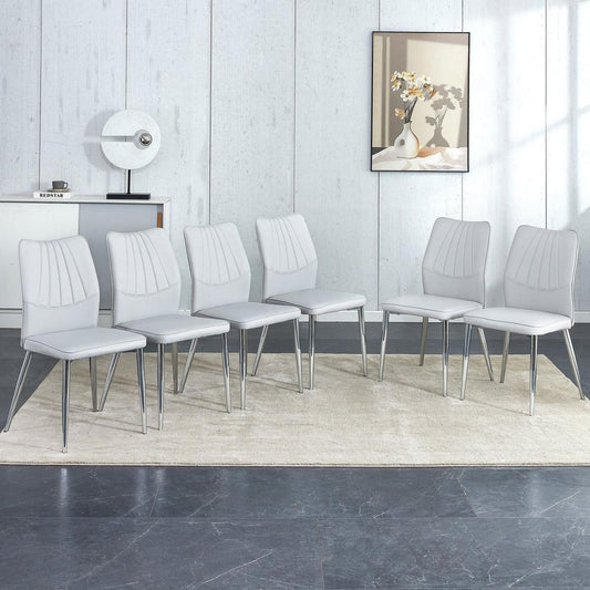 6 light gray dining chairs. Modern chairs from the Middle Ages. Made of PU material cushion and silver metal legs. Suitable for restaurants and living rooms