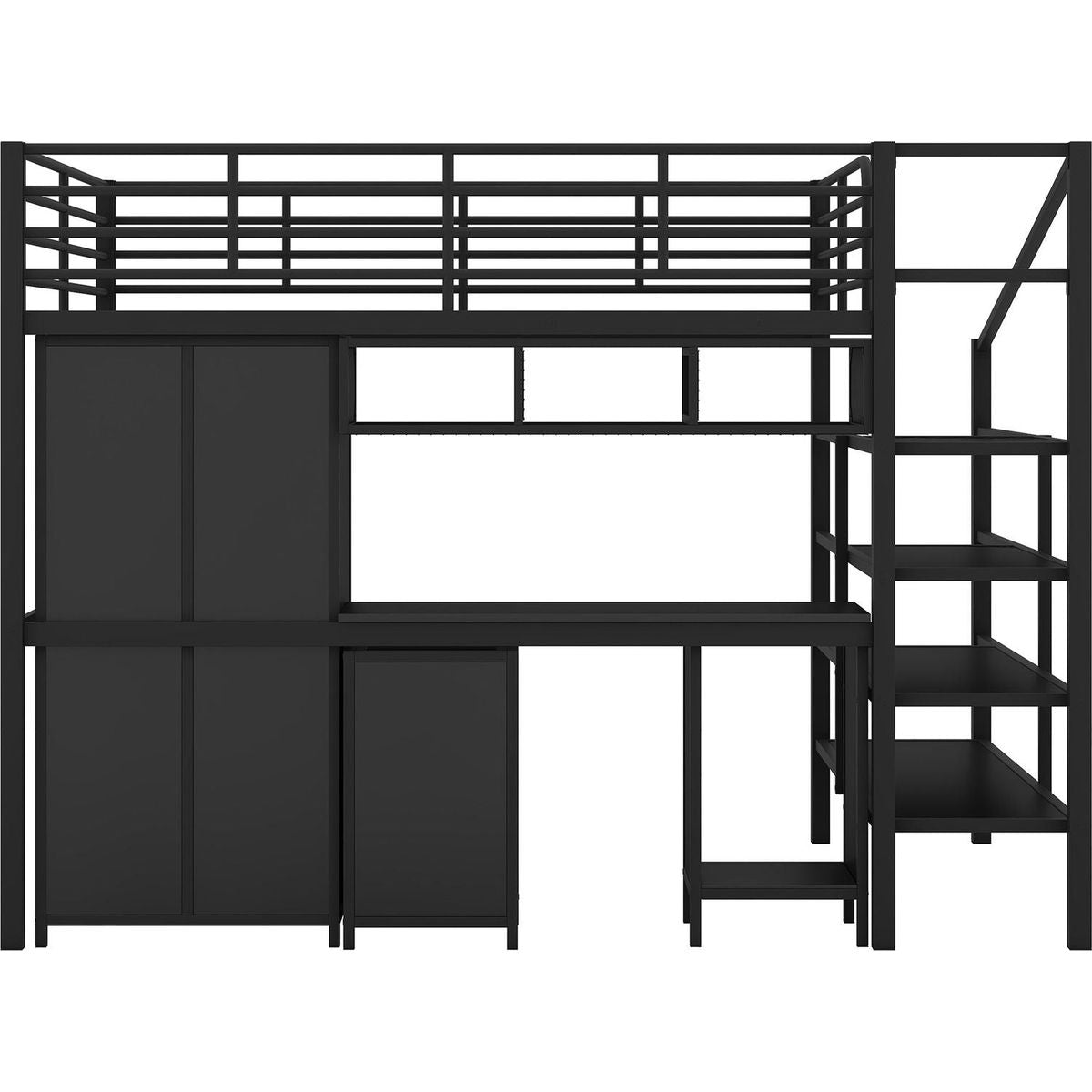 Metal Loft Bed With table set and wardrobe, Full, Black