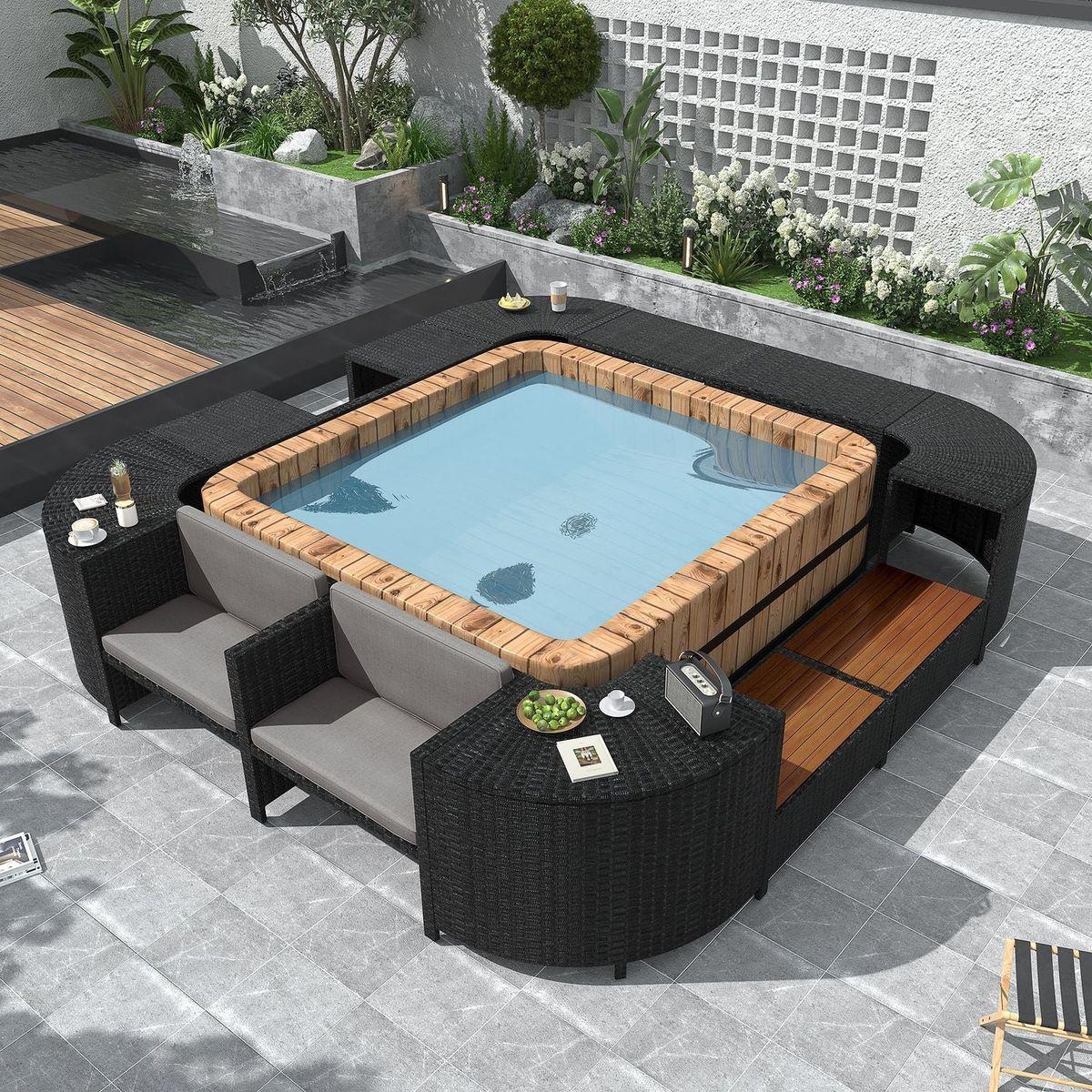 Spa Surround Spa Frame Quadrilateral Outdoor Rattan Sectional Sofa Set with Mini Sofa, Wooden Seats and Storage Spaces, Grey