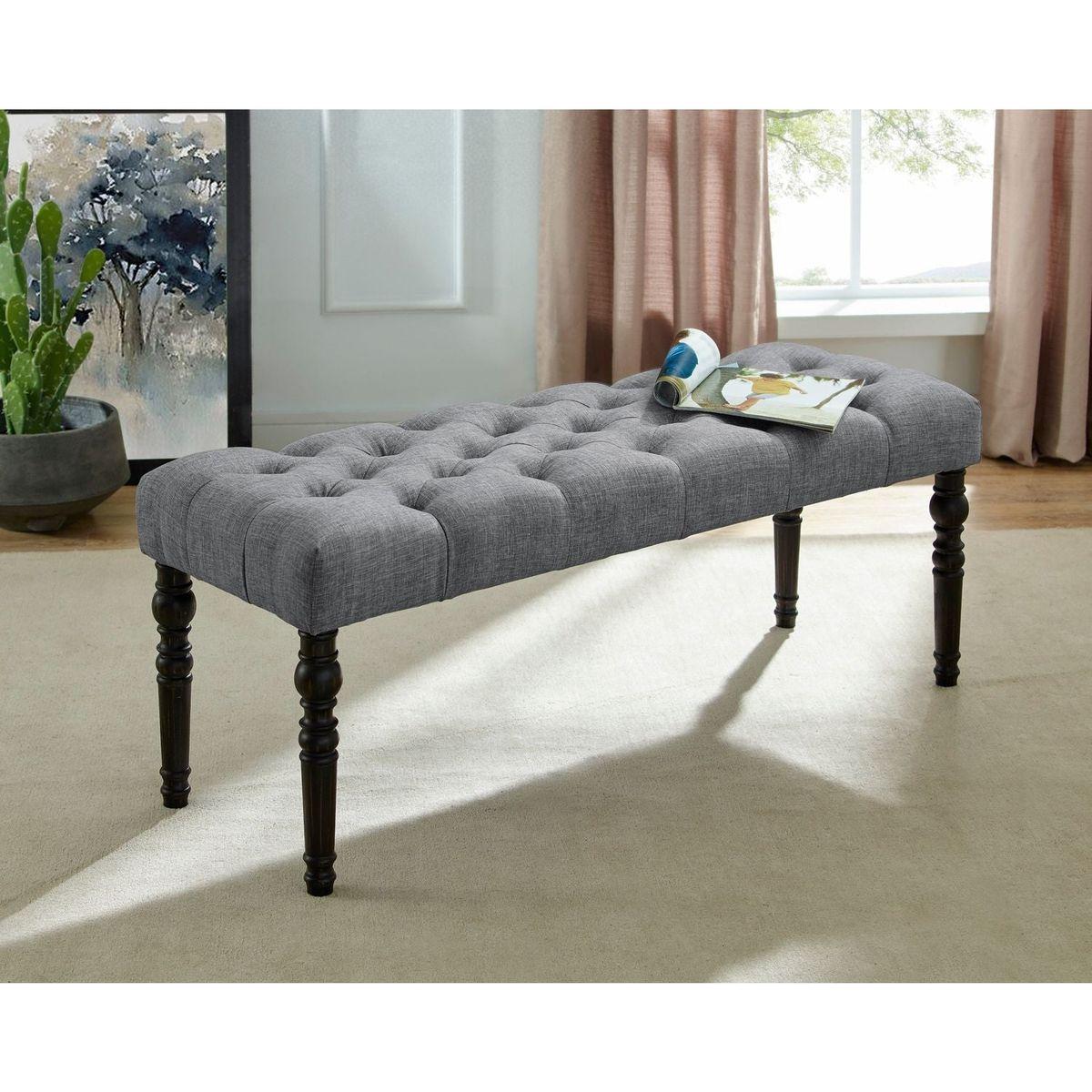 Leviton Fabric Tufted Turned Leg Dining Bench, Gray