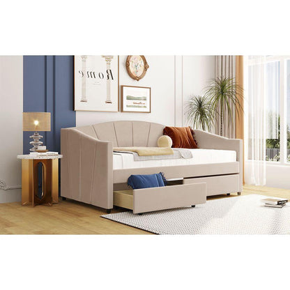 Upholstered daybed Twin Size with Two Drawers and Wood Slat, Beige