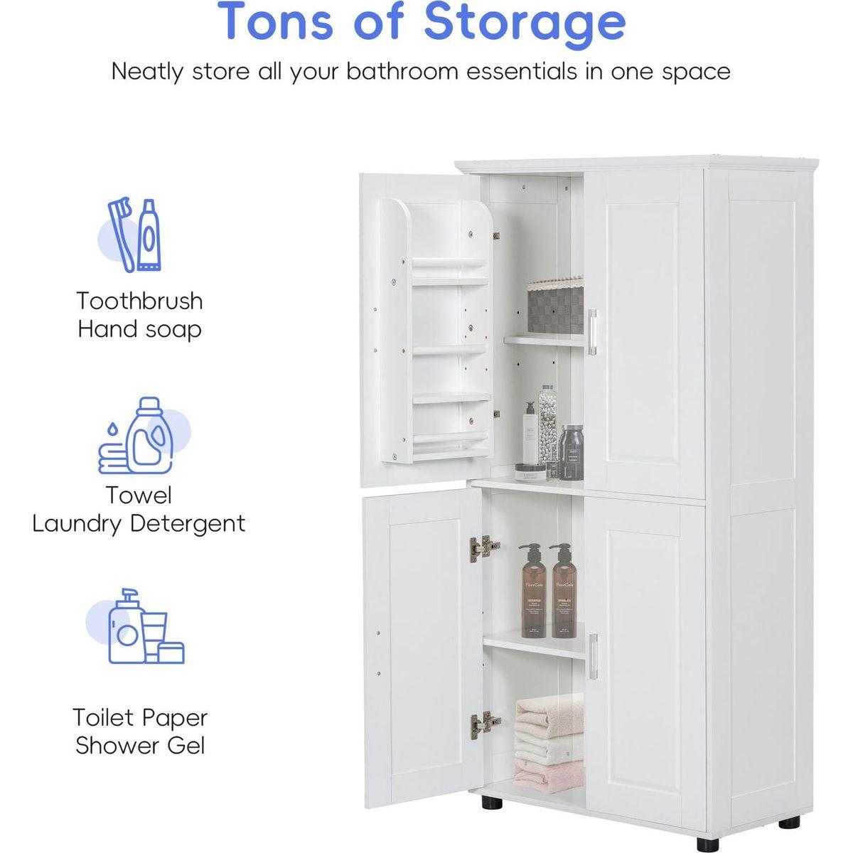Tall and Wide Bathroom Floor Storage Cabinet, Bathroom Storage Unit, Freestanding Cabinet with 4 Doors, Adjustable Shelves, White