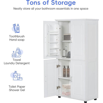 Tall and Wide Bathroom Floor Storage Cabinet, Bathroom Storage Unit, Freestanding Cabinet with 4 Doors, Adjustable Shelves, White