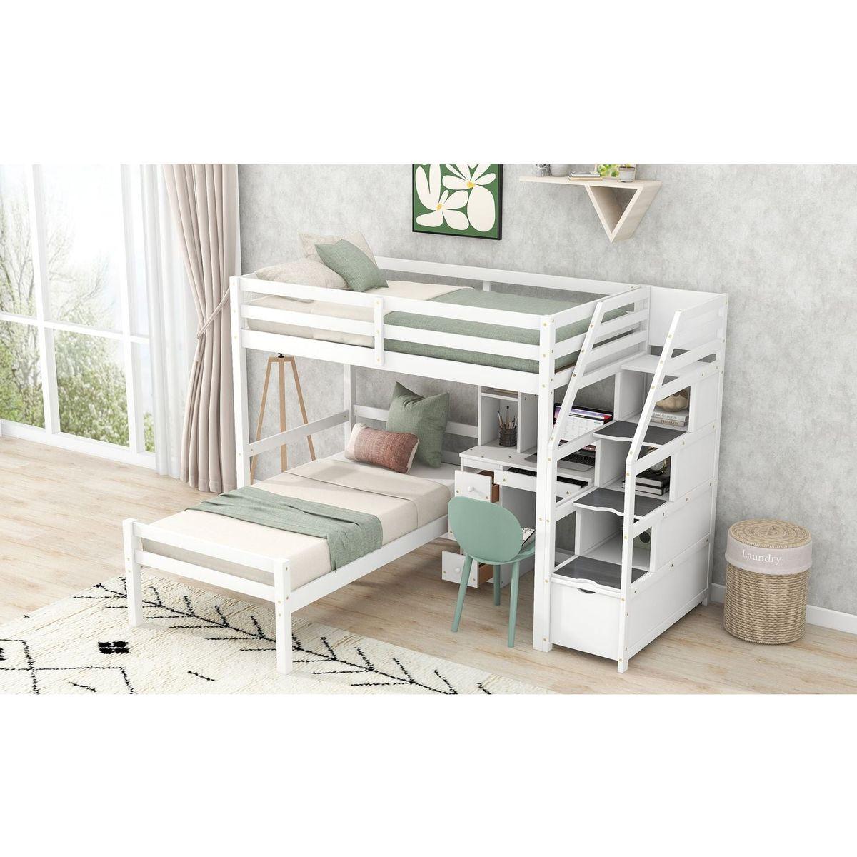 Twin Size Loft Bed with a Stand-alone Bed, Storage Staircase, Desk, Shelves and Drawers, White