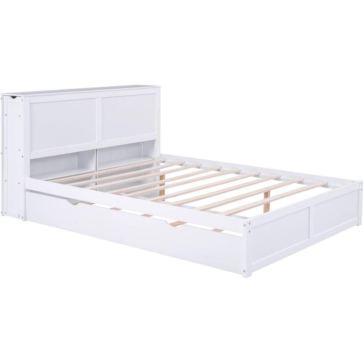Queen Size Storage Platform Bed with Pull Out Shelves and Twin XL Size Trundle, White