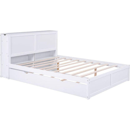 Queen Size Storage Platform Bed with Pull Out Shelves and Twin XL Size Trundle, White