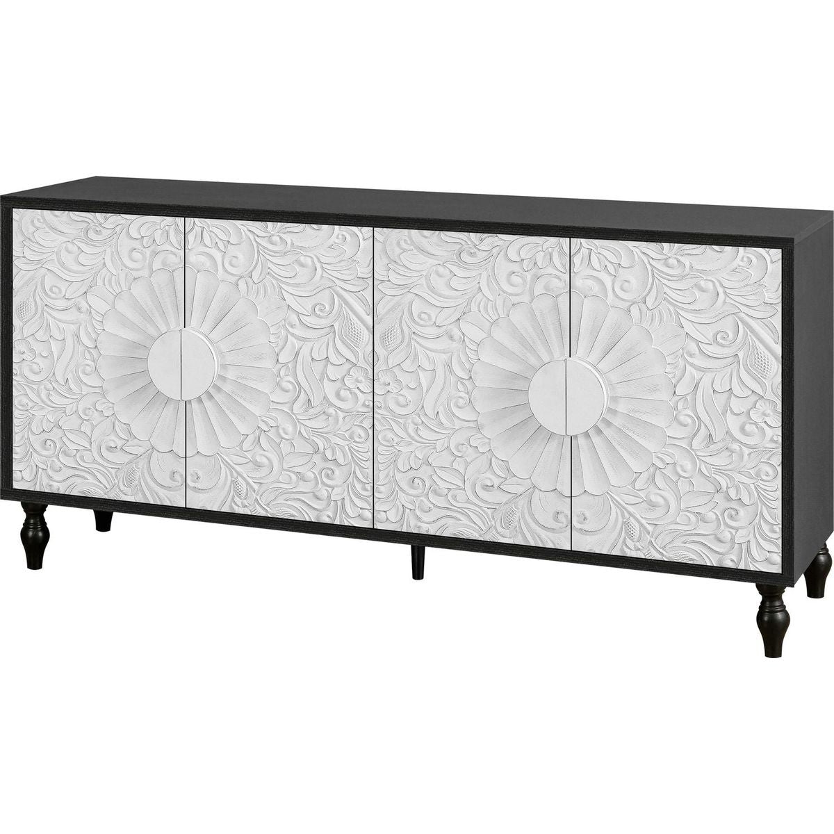 Vintage White Large Faceted Carved And Spliced Doors Combined With Black Frames For TV Stand Table,Sideboards, Accent Cabinets