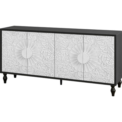 Vintage White Large Faceted Carved And Spliced Doors Combined With Black Frames For TV Stand Table,Sideboards, Accent Cabinets