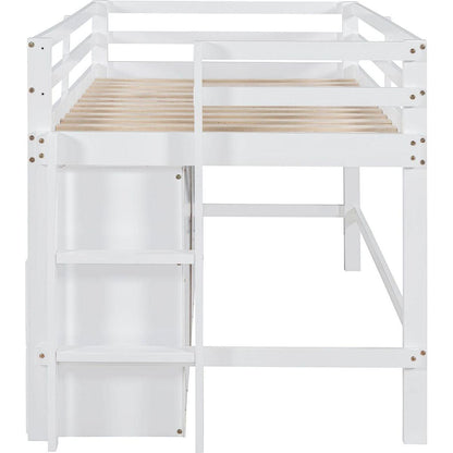 Twin Size Loft Bed with 4 Drawers, Underneath Cabinet and Shelves, White