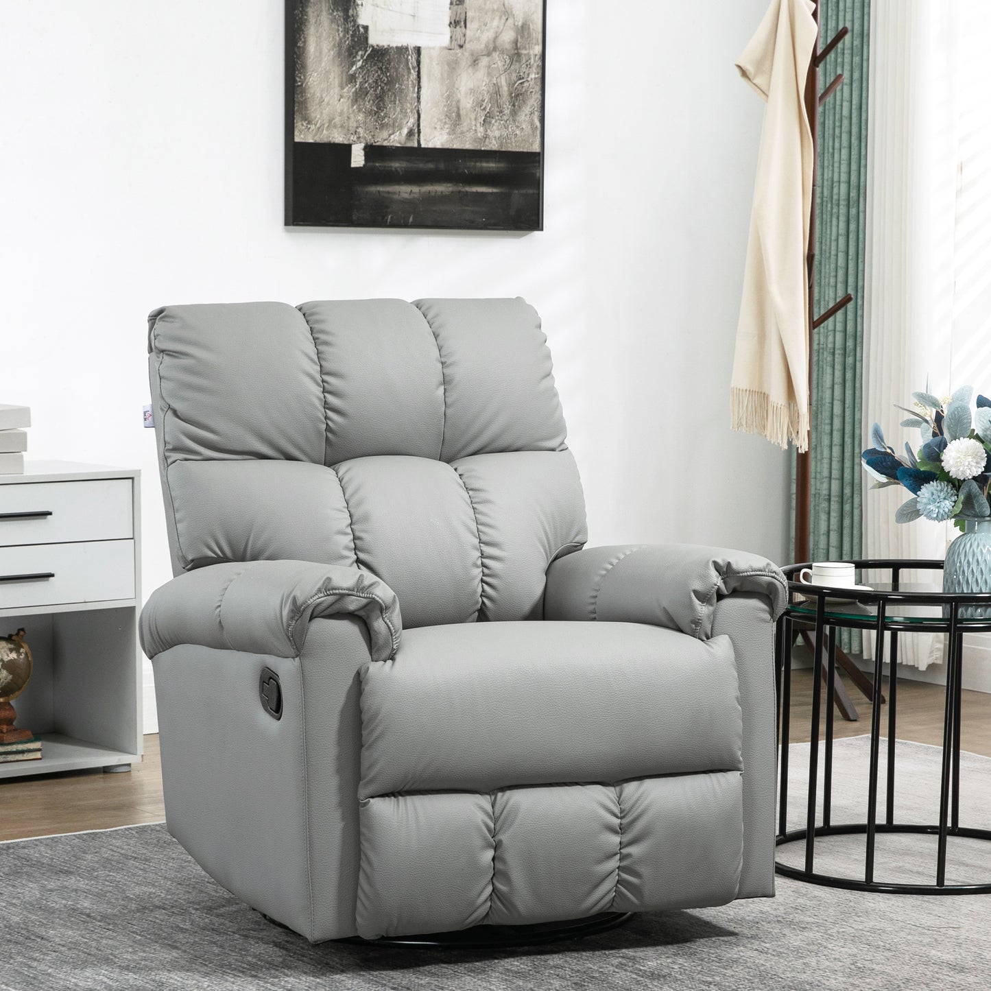 Rocker Recliner Chair with Overstuffed Back and Seat, Faux Leather Manual Reclining Chair with Footrest and 360 Swivel Rotation Base for Living Room, Gray