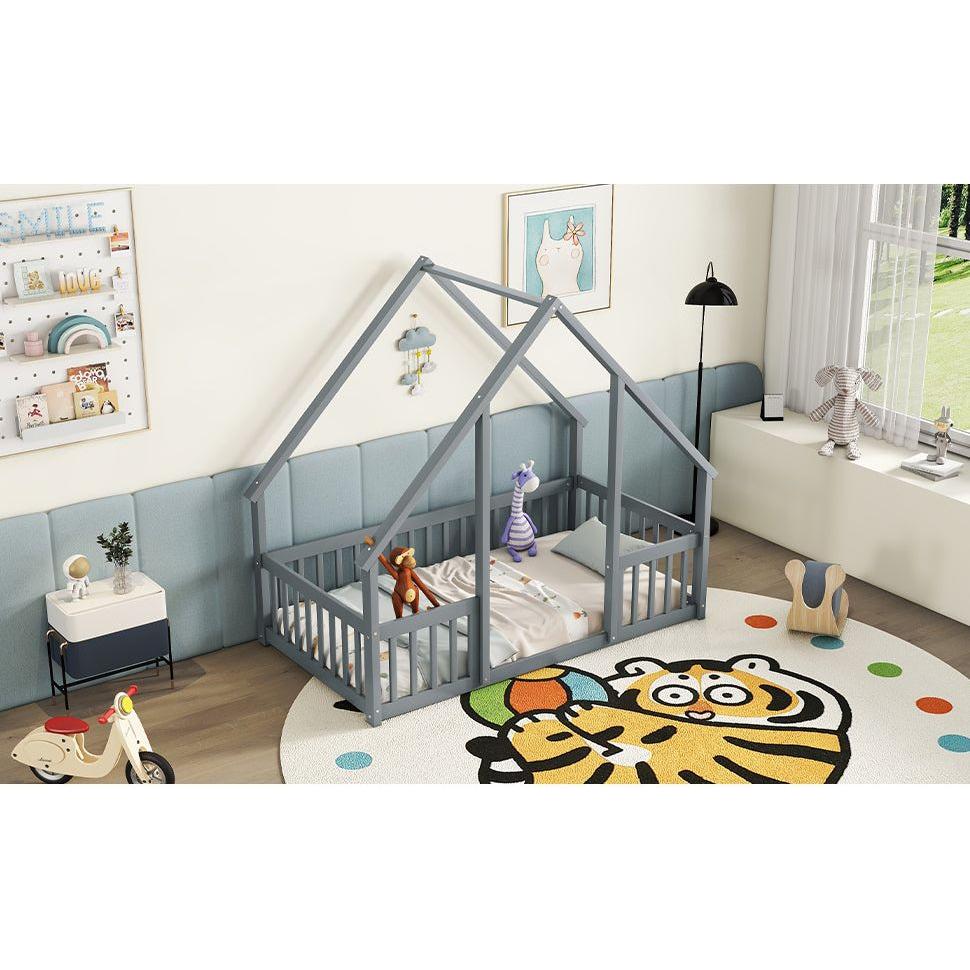 Twin Wood House-Shaped Floor Bed with Fence, Guardrails, Grey