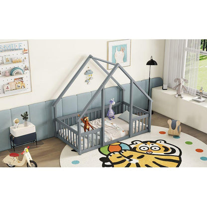 Twin Wood House-Shaped Floor Bed with Fence, Guardrails, Grey