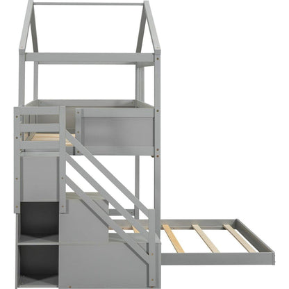 Twin over Full House Bunk Bed with Storage Staircase and Blackboard,Gray